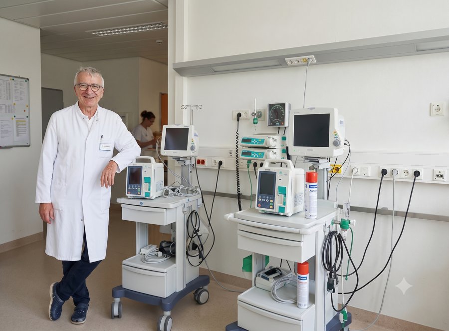 Anästhesist Dr. R. Sitzler in einem Patientenzimmer